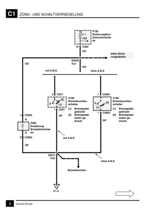 Page 75ZÜND– UND SCHALTVERRIEGELUNGC1
2SCHALTPLAN
10P126
Sicherungsbox
Instrumententa-
fel
C204
C227
C227ohne A.B.S. mit A.B.S.
S2011X168
Bremsleuchten-
schalter
[1] Bremspedal
gedrückt
[2] Bremspedal
weiter ge-
drückt 1X168
Bremsleuchten-
schalter
[1] Bremspedal
gedrückt
[2] Bremspedal
weiter ge-
drückt GO
215
F 1
15A
[1][2]
0
S2042
GP
[1]
C20630
GO
1 C2004
C20631 C2003
GP
Z206
Entstörung
Bremslichtschal-
ter
mit A.B.S.
Bremsleuchten
ohne A.B.S. GO HJ1
2
GP
HJ3
siehe Siche-
rungsdetails
[2]
R
R 1
A
C1-3 