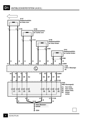 Page 82ANTIBLOCKIERSYSTEM (A.B.S.)D1
4SCHALTPLAN
X137
Raddrehzahlfüh-
ler links vorn
X158
Raddrehzahlfüh-
ler rechts vorn
X140
Raddrehzahlfüh-
ler links hinten
X161
Raddrehzahlfüh-
ler rechts hinten
Z108
A.B.S.–Steuerge-
rät
Z103
ABS–Bremsgerät
[1] Vorn links
[2] Vorn rechts
[4] Hinten links
[5] Hinten
rechts 1 2 C130
1 2 C131
12
12
32 17 34 18 35 16 33
5 8 1 7 4 12 2 11 C129
E204 GGGGW WW
SK SN SR SU SG SP SY SW
[1] [1] [2] [2] [4] [4] [5] [5] 23 24 6 7 21 22 4 5 C2084
C486 C485
C2084
W
6 9 10 13C129
S132...