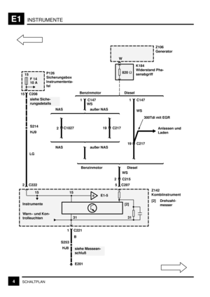 Page 88INSTRUMENTEE1
4SCHALTPLAN
15
F 14
10 AP126
Sicherungsbox
Instrumententa-
fel
C208
siehe Siche-
rungsdetails
S214
LG
2 C215Anlassen und
Laden WS K184
Widerstand Pha-
senabgriffZ106
Generator
W
Z142
Kombiinstrument
[2] Drehzahl-
messer 5 C207
[2]
1 C221
siehe Massean-
schluß B
S253
E201
BE1-5 WS820 
1 C147 Benzinmotor Diesel
300Tdi mit EGR
WS
15
HJ9
HJ8
Instrumente
Warn– und Kon-
trolleuchten
15 15
31 31 2 C222Benzinmotor Diesel
19 C217
NAS außer NAS
NAS außer NAS19 C217
2C1027
1 C147 