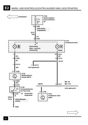 Page 96WARN– UND KONTROLLEUCHTEN (AUSSER NAS) (GOLFSTAATEN)E2
6
C2113
1 PO
7Z142
Kombiinstrument
Instrumente
Warn– und Kon-
trolleuchten
15
F 14
10 AP126
Sicherungsbox
Instrumententa-
fel
LG
C222 2
15
15 C208
S214
HJ9
siehe Siche-
rungsdetails
C209
6
BY
C159 2
Z135
Zündkerzen–Zeit-
geber
L
BY
10 C221
C215
4
S2134
9 C217
nicht gebraucht MFI–T16 MFI–V8
300Tdi
S2015C205 12
Z148
Multifunktions-
einheit (MFU)
C205 7
RW
C378 1
X120
Gurtschloßschal-
ter Fahrersitz
[1] Gurtschloß
eingerastet C378 2
B
HJ10
siehe...