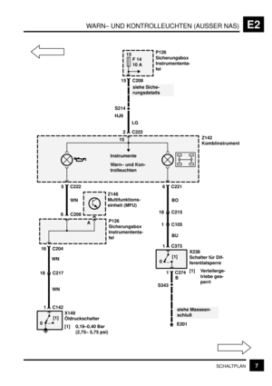 Page 97WARN– UND KONTROLLEUCHTEN (AUSSER NAS)E2
7SCHALTPLAN
P126
Sicherungsbox
Instrumententa-
fel
Z148
Multifunktions-
einheit (MFU)
5
15
10 A
Z142
Kombiinstrument LG
S214
0[1]
X149
Öldruckschalter
[1] 0,19–0,40 Bar
(2,75– 5,75 psi)
16 C204
1 C142
6 C208WN
P126
Sicherungsbox
Instrumententa-
fel
2 C222
Instrumente
Warn– und Kon-
trolleuchten15 C208F 14
A C222
0[1]X238
Schalter für Dif-
ferentialsperre
[1] Verteilerge-
triebe ges-
perrt
18 C215BO
6 C221
1 C373
WN WN
18 C217
1 C105
BU
S343
1 C374
B
E201
siehe...