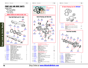 Page 1Shop Online atwww.AtlanticBritish.com16
FRONT AXLE AND DRIVE SHAFTS
REMARKS LEGEND 
Vehicle i.d. (v) numbers:
TA = 1996 model year
Axle (a) numbers:
78L = front axle
1FTC2175BREATHER, axle case 1
2FTC3146 HALFSHAFT AND C.V. JOINT ASSY, RH 1
FTC3147HALFSHAFT AND C.V. JOINT ASSY, LH 1
3STC3049 HALFSHAFT, front, RH 1
STC3050HALFSHAFT,front, LH1
4TDJ000010CONSTANT VELOCITY JOINT2
5 RTC5841G SPACER, halfshaft, Genuine 2
6FRC2644 SWIVEL BALL, chrome 2
Through (a) 78L52084AFTC5105SWIVEL BALL, black2From (a)...