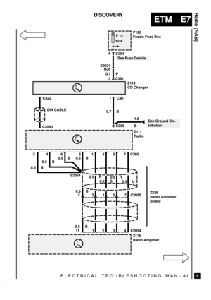 Page 189ELECTRICAL TROUBLESHOOTING MANUAL
ETM E7
Radio (NAS)
5
DISCOVERY
30
F 12
10 A
 
C204 4
See Fuse Details
S2021
HJ6
0.7 P
C381 3
Z114
CD Changer
See Ground Dis-
tribution C322
DIN CABLE
C20801 C381
0.7 B
1.5
B E205
Z111
Radio
2 4 6 8 1 3 5 7 C260
0.5 B0.5 B0.5 B 0.5 B
S2064
0.5 B
2
3 1 5 7 C2055
0.5 B
11 1 2 3 4 C20540.5 R
0.5 G0.5 Y
0.5 U
Z226
Radio Amplifier
Shield
Z175
Radio Amplifier
 
P126
Fascia Fuse Box 