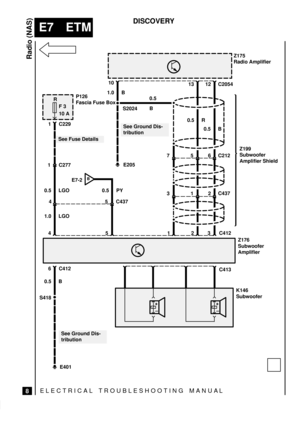 Page 192ELECTRICAL TROUBLESHOOTING MANUA L
E7 ETM
Radio (NAS)
8
DISCOVERY
R
F 3
10 A
5 C437
P126
Fascia Fuse Box
See Fuse Details
1 C229
0.5 LGO
45
Z175
Radio Amplifier
10
1.0 B
13
S2024
12C2054
32
Z176
Subwoofer
Amplifier
6
E401
See Ground Dis-
tribution
C413
+
±+
±
0.5 B
C412 1 C277
1.0 LGO
0.5 PY
BE7-2
E205
1 7
56C212
312C437
C412
S418
Z199
Subwoofer
Amplifier Shield
See Ground Dis-
tribution
0.5 R
0.5 B
K146
Subwoofer 0.5
B
4 