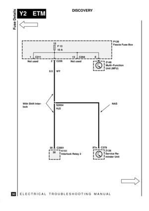 Page 544ELECTRICAL TROUBLESHOOTING MANUA L
Y2 ETM
Fuse Details
30
DISCOVERY
P126
Fascia Fuse Box
K151
Interlock Relay 2
0.5 WY
30 C2001 Not used
2 C226
15
F 13
10 A
Z148
Multi±Function
Unit (MFU)Not used
3013 C204 1 C211Z126
Service Re-
minder Unit
87a C379
S2054
HJ2
E
With Shift Inter-
lockNAS 