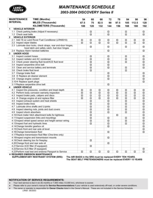 Page 2MAINTENANCE SCHEDULE 
 2003-2004 DISCOVERY Series II  
NOTIFICATION OF SERVICE REQUIREMENTS:   
♦ Your next service is due in six (6) months or 7,500 miles (12,000 km), whichever is sooner. 
♦ Please refer to your owners manual for Service Recommendations if your vehicle is used extensively off-road, or under severe conditions. 
♦ The owner or operator is responsible for Owner Checks listed in the Owner’s Manual.  These are not included in the Service Schedule. LRNA  09/2003  
 
TIME (Months) 
54 60 66...