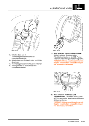 Page 1001AUFHÄNGUNG VORN
REPARATUREN 60-59
15.Schellen lösen und 2 
Thermostatgehäuseschläuche von 
Kühlmittelrohr trennen.  
16.Schelle lösen und Schlauch unten von Kühler 
abnehmen.  
17.Thermostatgehäuse mit Schläuchen entfernen.  
18.Auffangbehälter für auslaufende ACE-
Flüssigkeit aufstellen.  19. Rohr zwischen Pumpe und Ventilblock:  
Hohlschraube zur Befestigung des 
Flüssigkeitsschlauchs an der ACE-Pumpe 
entfernen und Dichtungsscheiben wegwerfen.  
VORSICHT: Offene Anschlüsse immer mit 
Stopfen...