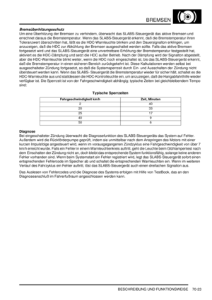 Page 1077BREMSEN
BESCHREIBUNG UND FUNKTIONSWEISE 70-23
Bremsüberhitzungsschutz
Um eine Überhitzung der Bremsen zu verhindern, überwacht das SLABS-Steuergerät das aktive Bremsen und 
errechnet daraus die Bremstemperatur. Wenn das SLABS-Steuergerät erkennt, daß die Bremstemperatur ihren 
Toleranzwert überschritten hat, läßt es die HDC-Warnleuchte blinken und den Dauersignalton erklingen, um 
anzuzeigen, daß die HDC zur Abkühlung der Bremsen ausgeschaltet werden sollte. Falls das aktive Bremsen 
fortgesetzt wird und...