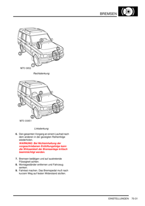 Page 1085BREMSEN
EINSTELLUNGEN 70-31
Rechtslenkung  
Linkslenkung  
6.Den gesamten Vorgang an einem Laufrad nach 
dem anderen in der gezeigten Reihenfolge 
wiederholen.  
WARNUNG: Bei Nichteinhaltung der 
vorgeschriebenen Entlüftungsfolge kann 
die Wirksamkeit der Bremsanlage kritisch 
beeinträchtigt werden.  
7.Bremsen betätigen und auf austretende 
Flüssigkeit achten.  
8.Montageständer entfernen und Fahrzeug 
senken.  
9.Fahrtest machen. Das Bremspedal muß nach 
kurzem Weg auf festen Widerstand stoßen.   
