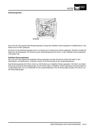 Page 1197SITZE
BESCHREIBUNG UND FUNKTIONSWEISE 76-5-5
Sitzleistungsrelais
Das unter dem Sitz angeordnete Sitzleistungsrelais versorgt den Satelliten-Sicherungskasten mit Batteriestrom. Das 
Relais wird vom BCU gesteuert.  
Der Strom für die Sitzleistungsrelais kommt von Sicherung 5 im Motorraum-Sicherungskasten. Das BCU schaltet die 
Masse für die Relaisspulen. Die Aktivierung der Sitzleistungsrelais führt Strom zu dem Satelliten-Sicherungskasten 
unter jedem Sitz.  
Satelliten-Sicherungskasten
Der unter dem Sitz...