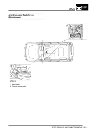 Page 1203SITZE
BESCHREIBUNG UND FUNKTIONSWEISE 76-5-11
BESCHREIBUNG UND FUNKTIONSWEISE
Anordnung der Bauteile von 
Sitzheizungen
1Heizmodul  
2Sitzheizungsschalter   