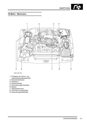 Page 133WARTUNG
VORGEHENSWEISE 10-1
WA RTUNG VORGEHENSWEISE
V8-Motor - Motorraum
1Füllkappen der Brems- und 
Kupplungsflüssigkeitsbehälter  
2Motoröleinfülldeckel  
3Zündkerze  
4Motorölmeßstab  
5Kühlmittelausgleichbehälter  
6Batterie  
7Hilfsantriebsriemen  
8ACE/PAS-Vorratsbehälter  
9Waschflüssigkeitsbehälter   