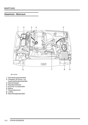 Page 134WARTUNG
10-2 VORGEHENSWEISE
Dieselmotor - Motorraum
1Kühlmittelausgleichbehälter  
2Füllkappen der Brems- und 
Kupplungsflüssigkeitsbehälter  
3Motorölmeßstab  
4Motoröleinfülldeckel  
5ACE/PAS-Vorratsbehälter  
6Batterie  
7Hilfsantriebsriemen  
8Luftfilter  
9Waschflüssigkeitsbehälter   