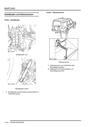 Page 166WARTUNG
10-34 VORGEHENSWEISE
Stoßdämpfer und Höhensensoren
Prüfen - Stoßdämpfer
Stoßdämpfer vorn  
Stoßdämpfer hinten  
1.Stoßdämpfer auf Sicherheit und Anzeichen von 
Undichtheit prüfen.  Prüfen - Höhensensoren
Höhensensoren  
1.Höhensensoren auf Undichtheit oder 
Beschädigung prüfen.  
2.Kabelbaum auf Scheuerstellen und 
Beschädigung prüfen.   