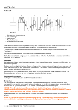 Page 192MOTOR - Td5
12-1-22 BESCHREIBUNG UND FUNKTIONSWEISE
Kurbelwelle
1Stirnseite zum Kurbelwellenrad  
2Ölquerbohrungen  
3Hauptzapfen  
4Pleuelfuß journals  
5Rückseite zum Schwungrad  
Die Kurbelwelle ist ein oberflächengehärtetes Graugußteil. Die Bereiche zwischen den Kurbelwellenzapfen und den 
benachbarten Wangen und Ausgleichgewichten werden im Kaltwälzverfahren ausgerundet.  
Querbohrungen in der Kurbelwelle zwischen benachbarten Haupt- und Pleuellagern führen Schmieröl zu den 
Pleuellagern.  
Ein...