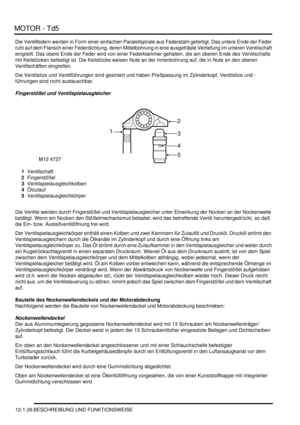 Page 196MOTOR - Td5
12-1-26 BESCHREIBUNG UND FUNKTIONSWEISE
Die Ventilfedern werden in Form einer einfachen Paralellspirale aus Federstahl gefertigt. Das untere Ende der Feder 
ruht auf dem Flansch einer Federdichtung, deren Mittelbohrung in eine ausgefräste Vertiefung im unteren Ventilschaft 
eingreift. Das obere Ende der Feder wird von einer Federklammer gehalten, die am oberen Ende des Ventilschafts 
mit Keilstücken befestigt ist. Die Keilstücke weisen Nute an der Innenbohrung auf, die in Nute an den oberen...