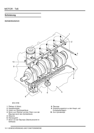 Page 200MOTOR - Td5
12-1-30 BESCHREIBUNG UND FUNKTIONSWEISE
Schmierung
Zylinderblockstrom
1Öldüsen (5 Stück)  
2Hauptölverteiler  
3Zulauf von Ölkühlergehäuse  
4Strom zum Ölkühler und den Filtern (von der 
Ölpumpe durch den Zylinderblock)  
5Ölwanne  
6Ölansaugrohr  
7Strom von der Ölpumpe (Überdruckventil im 
Gehäuse)  8Ölpumpe  
9Querbohrungsstrom zu den Haupt- und 
Kurbelwellenlagern  
10Zum Zylinderkopf   