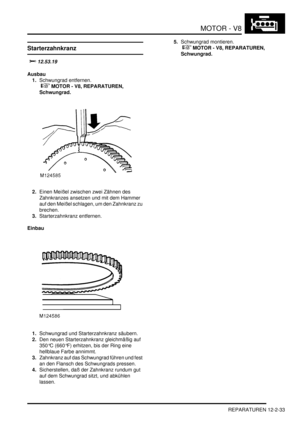 Page 303MOTOR - V8
REPARATUREN 12-2-33
Starterzahnkranz

Ausbau
1.Schwungrad entfernen.
 
 MOTOR - V8, REPARATUREN, 
Schwungrad.  
2.Einen Meißel zwischen zwei Zähnen des 
Zahnkranzes ansetzen und mit dem Hammer 
auf den Meißel schlagen, um den Zahnkranz zu 
brechen.  
3.Starterzahnkranz entfernen.  
Einbau
1.Schwungrad und Starterzahnkranz säubern.  
2.Den neuen Starterzahnkranz gleichmäßig auf 
350°C (660°F) erhitzen, bis der Ring eine 
hellblaue Farbe annimmt.  
3.Zahnkranz auf das Schwungrad...