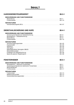 Page 32INHALT
28 INHALT
KAROSSERIESTEUERGERÄT 86-3-1
BESCHREIBUNG UND FUNKTIONSWEISE
Beschreibung   . . . . . . . . . . . . . . . . . . . . . . . . . . . . . . . . . . . . . . . . . . . . . . . . . . . . . . . . . . . . . . . .  86-3-1
Funktionsweise  . . . . . . . . . . . . . . . . . . . . . . . . . . . . . . . . . . . . . . . . . . . . . . . . . . . . . . . . . . . . . . .  86-3-19
REPARATUREN
Karosseriesteuergerät (BCU)  . . . . . . . . . . . . . . . . . . . . . . . . . . . . . . . . . . . . . . . . . . . ....