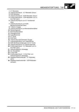 Page 353ABGASENTGIFTUNG - Td5
BESCHREIBUNG UND FUNKTIONSWEISE 17-1-3
1ILT-Modulator  
2Unterdruckschlauch - ILT-Modulator (braun)  
3EGR-Modulator  
4Unterdruckschlauch - EGR-Modulator (braun)  
5Entlüftungsschlauch - EGR-Modulator zum In-
line-Filter (grün)  
6Unterdruckschlauch zum ILT-Ventileinlaß 
(blau)  
7Unterdruckschlauch zum EGR-
Membranventileinlaß (blau)  
8T-Stück (4-wegig)  
9Unterdruckschlauch zum Bremskraftverstärker  
10Rückschlagventil  
11Bremskraftverstärker  
12Ansaugkrümmer...