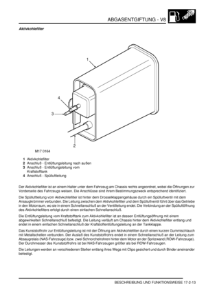 Page 381ABGASENTGIFTUNG - V8
BESCHREIBUNG UND FUNKTIONSWEISE 17-2-13
Aktivkohlefilter
1Aktivkohlefilter  
2Anschluß - Entlüftungsleitung nach außen  
3Anschluß - Entlüftungsleitung vom 
Kraftstofftank  
4Anschluß - Spülluftleitung  
Der Aktivkohlefilter ist an einem Halter unter dem Fahrzeug am Chassis rechts angeordnet, wobei die Öffnungen zur 
Vorderseite des Fahrzeugs weisen. Die Anschlüsse sind ihrem Bestimmungszweck entsprechend identifiziert.  
Die Spülluftleitung vom Aktivkohlefilter ist hinter dem...