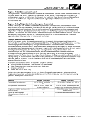 Page 389ABGASENTGIFTUNG - V8
BESCHREIBUNG UND FUNKTIONSWEISE 17-2-21
Diagnose der Lambdasondenreaktionszeit
Die vorgeordneten Lambdasonden werden überwacht. Mit zunehmendem Alter der Sonden nimmt die Umstellung 
von mager auf fett bzw. fett auf mager länger in Anspruch, so daß sich die Emissionswerte erhöhen, wenn die 
Lambdaregelung ungenau wird. Wenn die Reaktionszeit eine bestimmte Dauer überschreitet, wird dies als Fehler 
erkannt und im ECM mit dem entsprechenden Fehlercode registriert (bei NAS-Fahrzeugen...