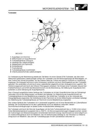 Page 429MOTORSTEUERSYSTEM - Td5
BESCHREIBUNG UND FUNKTIONSWEISE 18-1-33
Turbolader
1Auspuffgas vom Krümmer  
2Stiftschrauben an Auspuffkrümmer  
3Turboladergehäuse (Grauguß)  
4Gestänge des Ladedruckreglers  
5Abgasauslaß zum Flammrohr  
6Drucklufteinlaß  
7Frischufteinlaß  
8Turboladergehäuse (Leichtmetall)  
9Unterdruckanschluß des Ladedruckreglers  
Zur Verbesserung der Motorleistung arbeitet der Td5-Motor mit einem Garrett GT20 Turbolader, der über einen 
elektronisch gesteuerten Ladedruckregler verfügt. Der...