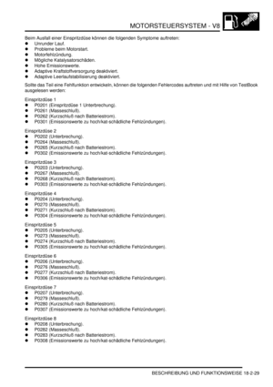 Page 489MOTORSTEUERSYSTEM - V8
BESCHREIBUNG UND FUNKTIONSWEISE 18-2-29
Beim Ausfall einer Einspritzdüse können die folgenden Symptome auftreten:  
Unrunder Lauf.  
Probleme beim Motorstart.  
Motorfehlzündung.  
Mögliche Katalysatorschäden.  
Hohe Emissionswerte.  
Adaptive Kraftstoffversorgung deaktiviert.  
Adaptive Leerlaufstabilisierung deaktiviert.  
Sollte das Teil eine Fehlfunktion entwickeln, können die folgenden Fehlercodes auftreten und mit Hilfe von TestBook 
ausgelesen werden:  
Einspritzdüse...