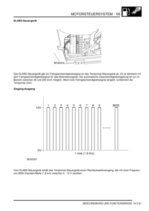 Page 521MOTORSTEUERSYSTEM - V8
BESCHREIBUNG UND FUNKTIONSWEISE 18-2-61
SLABS-Steuergerät
Das SLABS-Steuergerät gibt ein Fahrgeschwindigkeitssignal an das Tempomat-Steuergerät ab. Es ist identisch mit 
dem Fahrgeschwindigkeitssignal für das Motorsteuergerät. Die automatische Geschwindigkeitsregelung ist nur im 
Bereich zwischen 45 und 200 km/h möglich. Wenn kein Fahrgeschwindigkeitssignal eingeht, funktioniert der 
Tempomat nicht.  
Eingang/Ausgang
Vom SLABS-Steuergerät erhält das Tempomat-Steuergerät einen...