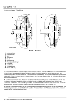 Page 608KÜHLUNG - Td5
26-1-12 BESCHREIBUNG UND FUNKTIONSWEISE
Funktionsweise des Viskolüfters
A = KALT, B = HEISS  
1Antriebsscheibe  
2Lüftergehäuse  
3Spiel  
4Ventilblech  
5Ventil  
6Bimetallspule  
7Flüssigkeitsdichtungen  
8Kugellager  
9Arbeitsraum  
10Vorratsbehälter  
11Rücklauföffnung  
Bei ausgeschaltetem Motor und stehendem Lüfter stabilisiert sich das Silikonöl im Arbeitsraum und Vorratsbehälter. 
Es kommt zum Niveauausgleich da die Rücklauföffnung im Ventilblech zwischen dem Arbeitsraum und dem...