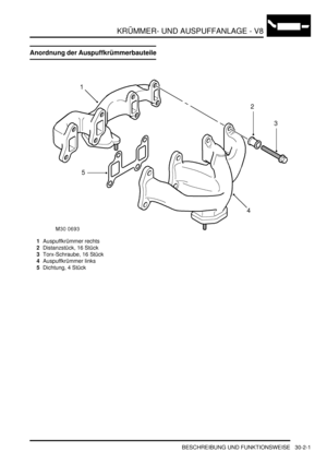 Page 645KRÜMMER- UND AUSPUFFANLAGE - V8
BESCHREIBUNG UND FUNKTIONSWEISE 30-2-1
KRÜMMER- UND AUSPUFFA NLAGE - V8 BESCHREIBUNG UND FUNKTIONSWEISE
Anordnung der Auspuffkrümmerbauteile
1Auspuffkrümmer rechts  
2Distanzstück, 16 Stück  
3Torx-Schraube, 16 Stück  
4Auspuffkrümmer links  
5Dichtung, 4 Stück   