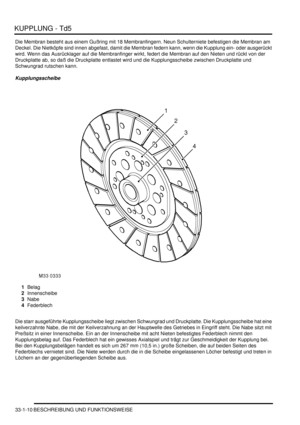 Page 674KUPPLUNG - Td5
33-1-10 BESCHREIBUNG UND FUNKTIONSWEISE
Die Membran besteht aus einem Gußring mit 18 Membranfingern. Neun Schulterniete befestigen die Membran am 
Deckel. Die Nietköpfe sind innen abgefast, damit die Membran federn kann, wenn die Kupplung ein- oder ausgerückt 
wird. Wenn das Ausrücklager auf die Membranfinger wirkt, federt die Membran auf den Nieten und rückt von der 
Druckplatte ab, so daß die Druckplatte entlastet wird und die Kupplungsscheibe zwischen Druckplatte und 
Schwungrad...