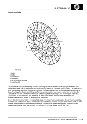 Page 691KUPPLUNG - V8
BESCHREIBUNG UND FUNKTIONSWEISE 33-2-9
Kupplungsscheibe
1Belag  
2Nabe  
3Federblech  
4Halteblech  
5Scheibenzwischenstück  
6Anschlagstift  
Die gefederte Kupplungsscheibe liegt zwischen Schwungrad und Druckplatte. Die Kupplungsscheibe hat eine 
keilverzahnte Nabe, die mit der Keilverzahnung an der Hauptwelle des Getriebes in Eingriff steht. Die Nabe sitzt in 
einer Innenscheibe, die sechs Dämpffedern aufweist. Ein Federhalteblech und ein Scheibenzwischenstück sind 
durch Anschlagstifte,...