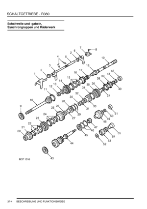 Page 702SCHALTGETRIEBE - R380
37-4 BESCHREIBUNG UND FUNKTIONSWEISE
Schaltwelle und -gabeln, 
Synchrongruppen und Räderwerk 