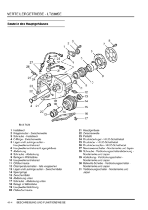 Page 758VERTEILERGETRIEBE - LT230SE
41-4 BESCHREIBUNG UND FUNKTIONSWEISE
Bauteile des Hauptgehäuses
1Halteblech  
2Kragenmutter - Zwischenwelle  
3Schraube - Halteblech  
4O-Ringe - Zwischenwelle  
5Lager und Laufringe außen - 
Hauptwellenantriebsrad  
6Hauptwellenantriebsrad-Lagergehäuse  
7Abdeckung  
8Schraube - Abdeckung  
9Beilage in Wählstärke  
10Hauptwellenantriebsrad  
11Ölfüllschraube  
12Öltemperaturschalter - falls vorgesehen  
13Lager und Laufringe außen - Zwischenräder  
14Sprengringe...