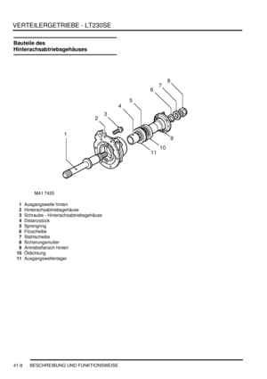 Page 762VERTEILERGETRIEBE - LT230SE
41-8 BESCHREIBUNG UND FUNKTIONSWEISE
Bauteile des 
Hinterachsabtriebsgehäuses
1Ausgangswelle hinten  
2Hinterachsabtriebsgehäuse  
3Schraube - Hinterachsabtriebsgehäuse  
4Distanzstück  
5Sprengring  
6Filzscheibe  
7Stahlscheibe  
8Sicherungsmutter  
9Antriebsflansch hinten  
10Öldichtung  
11Ausgangswellenlager   