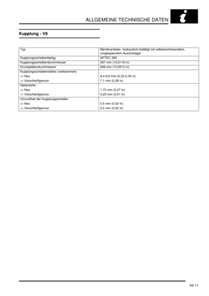 Page 79ALLGEMEINE TECHNISCHE DATEN
04-11
Kupplung - V8
Typ   Membranfeder, hydraulisch betätigt mit selbstzentrierendem, 
vorgespanntem Ausrücklager  
Kupplungsscheibenbelag   APTEC 385  
Kupplungsscheibendurchmesser   267 mm (10,5118 in)  
Druckplattendurchmesser   268 mm (10,5512 in)  
Kupplungsscheibenstärke (verklammert)    
⇒ Neu   8,4-8,9 mm (0,33-0,35 in)  
⇒ Verschleißgrenze   7,1 mm (0,28 in)  
Nietentiefe:    
⇒ Neu   1,73 mm (0,07 in)  
⇒ Verschleißgrenze   0,25 mm (0,01 in)  
Unrundheit der...