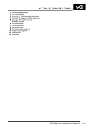 Page 813AUTOMATIKGETRIEBE - ZF4HP22
BESCHREIBUNG UND FUNKTIONSWEISE 44-3
1Verteilergetriebeschalter  
2Programmschalter  
3Anschluß für Wählhebelstellungsschalter  
4Anschluß für Magnetventil/Drehzahlsensor  
5Steuergerät für elektronisches 
Automatikgetriebe  
6Motorsteuergerät  
7Diagnoseanschluß  
8Instrumentenfeld  
9Getriebeöltemperaturgeber  
10Karosseriesteuergerät  
11Batteriestrom  
12Zündstrom   