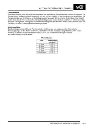 Page 819AUTOMATIKGETRIEBE - ZF4HP22
BESCHREIBUNG UND FUNKTIONSWEISE 44-9
Zwischenblech
Das Zwischenblech stützt die Getriebeeingangswelle und verbindet die Getriebeölpumpe mit dem Schmierkreis. Die 
Pumpe ist vorn am Zwischenblech angeordnet und wird von dem Impeller im Drehmomentwandler angetrieben. Die 
Pumpe setzt das aus der Ölwanne am Getriebegehäuse angesaugte Getriebeöl unter Systemdruck. Das Drucköl 
strömt durch den Drehmomentwandler und das Getriebegehäuse, um die Bauteile zu kühlen, zu schmieren und...