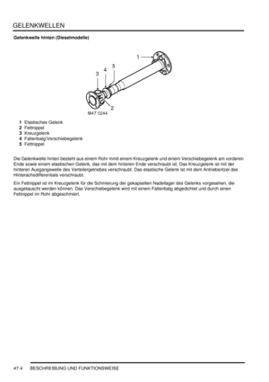 Page 862GELENKWELLEN
47-4 BESCHREIBUNG UND FUNKTIONSWEISE
Gelenkwelle hinten (Dieselmodelle)
1Elastisches Gelenk  
2Fettnippel  
3Kreuzgelenk  
4Faltenbalg/Verschiebegelenk  
5Fettnippel  
Die Gelenkwelle hinten besteht aus einem Rohr mmit einem Kreuzgelenk und einem Verschiebegelenk am vorderen 
Ende sowie einem elastischen Gelenk, das mit dem hinteren Ende verschraubt ist. Das Kreuzgelenk ist mit der 
hinteren Ausgangswelle des Verteilergetriebes verschraubt. Das elastische Gelenk ist mit dem Antriebsritzel...