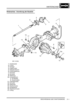 Page 869HINTERACHSE
BESCHREIBUNG UND FUNKTIONSWEISE 51-1
HINTERACHSE BESCHREIBUNG UND FUNKTIONSWEISE
Hinterachse - Anordnung der Bauteile
1Antriebswelle  
2O-Ring  
3Radlager  
4Kragenmutter  
5Radnabenflansch  
6Entlüftungsleitung  
7Schraube  
8Schraube  
9Öldichtung  
10Antriebsflansch  
aV8-Modelle  
bDieselmodelle  
11Unterlegscheibe  
12Schraube  
13Differential  
14Ablaßschraube  
15Achsgehäuse  
16Ölstandsschraube  
17O-Ring   