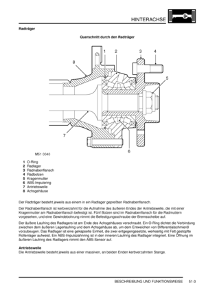 Page 871HINTERACHSE
BESCHREIBUNG UND FUNKTIONSWEISE 51-3
Radträger
Querschnitt durch den Radträger
1O-Ring  
2Radlager  
3Radnabenflansch  
4Radbolzen  
5Kragenmutter  
6ABS-Impulsring  
7Antriebswelle  
8Achsgehäuse  
Der Radträger besteht jeweils aus einem in ein Radlager gepreßten Radnabenflansch.  
Der Radnabenflansch ist kerbverzahnt für die Aufnahme des äußeren Endes der Antriebswelle, die mit einer 
Kragenmutter am Radnabenflansch befestigt ist. Fünf Bolzen sind im Radnabenflansch für die Radmuttern...