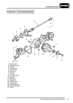 Page 879VORDERACHSE
BESCHREIBUNG UND FUNKTIONSWEISE 54-1
VORDERACHSE BESCHREIBUNG UND FUNKTIONSWEISE
Vorderachse - Anordnung der Bauteile
1Kragenmutter  
2Radnabenflansch  
3Radlager  
4Achsschenkel  
5Antriebswelle  
6Öldichtung  
7Schraube  
8Schraube  
9Unterlegscheibe  
10Radnabe  
11Öldichtung  
12Differential  
13Ablaßschraube  
14Achsgehäuse  
15Entlüftungsleitung  
16Ölstandsschraube  
17O-Ring   