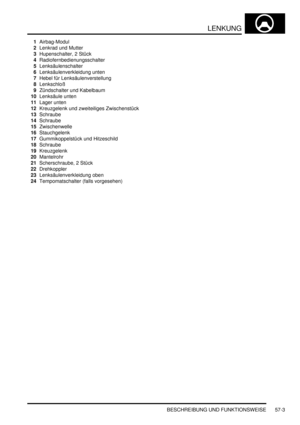 Page 895LENKUNG
BESCHREIBUNG UND FUNKTIONSWEISE 57-3
1Airbag-Modul  
2Lenkrad und Mutter  
3Hupenschalter, 2 Stück  
4Radiofernbedienungsschalter  
5Lenksäulenschalter  
6Lenksäulenverkleidung unten  
7Hebel für Lenksäulenverstellung  
8Lenkschloß  
9Zündschalter und Kabelbaum  
10Lenksäule unten  
11Lager unten  
12Kreuzgelenk und zweiteiliges Zwischenstück  
13Schraube  
14Schraube  
15Zwischenwelle  
16Stauchgelenk  
17Gummikoppelstück und Hitzeschild  
18Schraube  
19Kreuzgelenk  
20Mantelrohr...