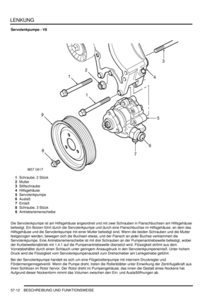 Page 904LENKUNG
57-12 BESCHREIBUNG UND FUNKTIONSWEISE
Servolenkpumpe - V8
1Schraube, 2 Stück  
2Mutter  
3Stiftschraube  
4Hilfsgehäuse  
5Servolenkpumpe  
6Auslaß  
7Einlaß  
8Schraube, 3 Stück  
9Antriebsriemenscheibe  
Die Servolenkpumpe ist am Hilfsgehäuse angeordnet und mit zwei Schrauben in Flanschbuchsen am Hilfsgehäuse 
befestigt. Ein Bolzen führt durch die Servolenkpumpe und durch eine Flanschbuchse im Hilfsgehäuse, an dem das 
Hilfsgehäuse und die Servolenkpumpe mit einer Mutter befestigt sind. Wenn...