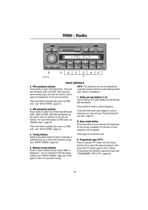 Page 17R990 - Radio

RADIO CONTROLS
3. FM waveband selector
Press briefly to select FM frequencies. There are 
two FM bands (FM1 and FM2). Both have the 
same tuning range, and each one can be used to 
store six frequencies on the pre-set buttons.
Press and hold to activate auto-store (on FM2 
only - see ‘AUTO-STORE’, page 21). 
4. AM waveband selectorPress briefly to select one of the three AM bands 
(AM1, AM2 and WB). Both AM wavebands can 
be used to store six stations on the pre-set 
buttons. For more...