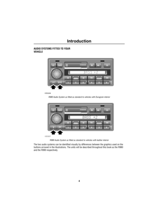 Page 5Introduction
4
Intro duc tionAUDIO SYSTEMS FITTED TO YOUR 
VEHICLE
R980 Audio System as fitted as standard to vehicles with Duragrain interior
R990 Audio System as fitted as standard to vehicles with leather interior
The two audio systems can be identified visually by differences between the graphics used on the 
buttons arrowed in the illustrations. The units will be described throughout this book as the R980 
and the R990 respectively.
MAN
ICE0206
ICE0207 