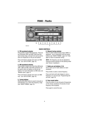 Page 9R980 - Radio

RADIO CONTROLS
3. FM waveband selector
Press briefly to select FM frequencies. There are 
two FM bands (FM1 and FM2). Both have the 
same tuning range, and each one can be used to 
store six frequencies on the pre-set buttons.
Press and hold to activate auto-store (on FM2 
only - see ‘AUTO-STORE’, page 13). 
4. AM waveband selectorPress briefly to select one of the three AM bands 
(AM1, AM2 and WB). Both AM wavebands can 
be used to store six stations on the pre-set 
buttons. For more...