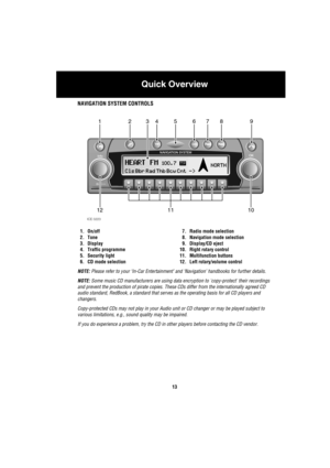 Page 14Quick Overview
13
NAVIGATION SYSTEM CONTROLS
1. On/off 
2. Tone
3. Display
4. Traffic programme 
5. Security light
6. CD mode selection7. Radio mode selection 
8. Navigation mode selection
9. Display/CD eject
10. Right rotary control
11. Multifunction buttons
12. Left rotary/volume control
NOTE: Please refer to your ‘In-Car Entertainment’ and ‘Navigation’ handbooks for further details.
NOTE: Some music CD manufacturers are using data encryption to copy-protect their recordings 
and prevent the production...