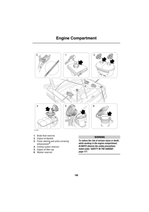 Page 181Engine Compartment
180
En gine  Comp artme nt
1.Brake fluid reservoir.
2.Engine oil dipstick.
3.Power steering and active cornering 
enhancement
*. 
4.Cooling system reservoir.
5.Engine oil filler cap.
6.Washer reservoir.
WARNING
To reduce the risk of serious injury or death, 
while working in the engine compartment, 
ALWAYS observe the safety precautions 
listed under ‘SAFETY IN THE GARAGE’, 
page 177.
21
6 5 4
3
MAXMINPA S
AC
E
MAX
MIN
H4448 